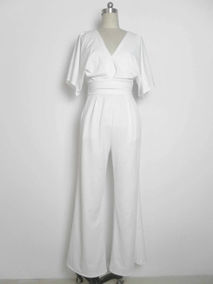 "Eleganter Damen-Jumpsuit mit V-Ausschnitt, Dolman-Ärmeln, elastischem Bund und weiten Hosen in Schwarz und Weinrot."