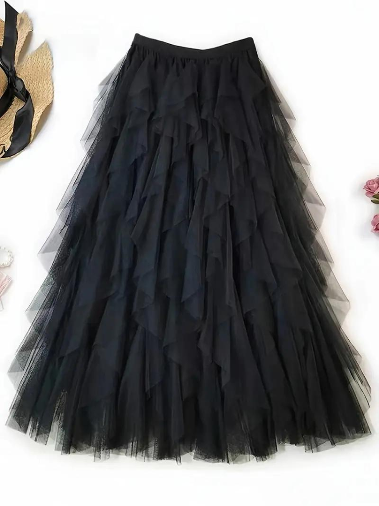 Elegante dames ruche rok van zwierige tule stof, vrouwelijk met ruches, ideaal voor feestelijke en casual gelegenheden.