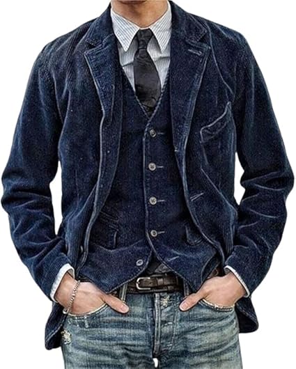 Zijaanzicht van de heren corduroy blazer met één rij knopen, met aandacht voor de textuur van de stof en de pasform van het kledingstuk.