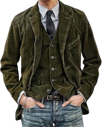 Achterkant van de heren corduroy blazer, die de pasvorm en de algemene stijl van de jas demonstreert.