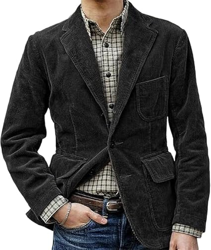 Detailopname van de corduroy stof en de knopen van de heren blazer, voor een beter zicht op de kwaliteit.
