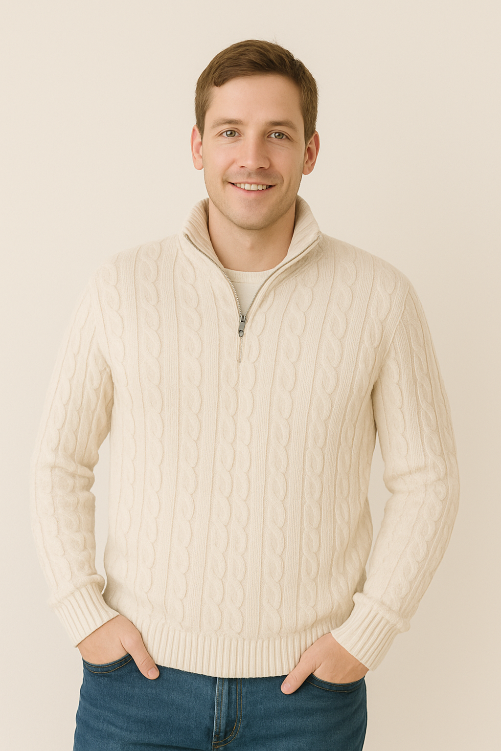 Elegante grijze heren kabeltrui met halve rits, biedt warmte en klassieke stijl voor koude dagen.
