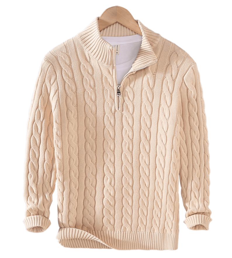 Elegante grijze heren kabeltrui met halve rits, biedt warmte en klassieke stijl voor koude dagen.