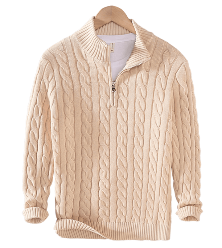 Elegante grijze heren kabeltrui met halve rits, biedt warmte en klassieke stijl voor koude dagen.