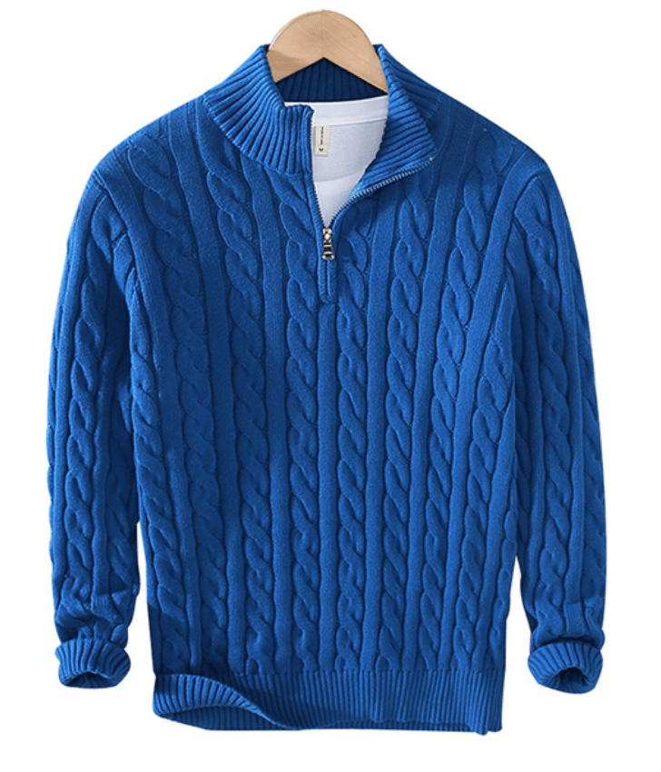 Elegante grijze heren kabeltrui met halve rits, biedt warmte en klassieke stijl voor koude dagen.
