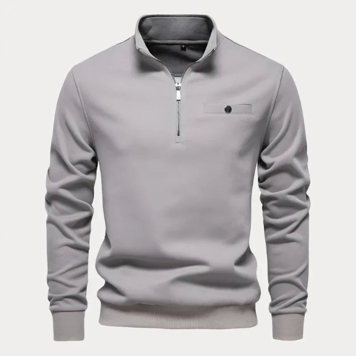 Stijlvolle grijze heren coltrui met hoge kraag, ideaal voor comfort op koele dagen. Perfect voor een casual look.
