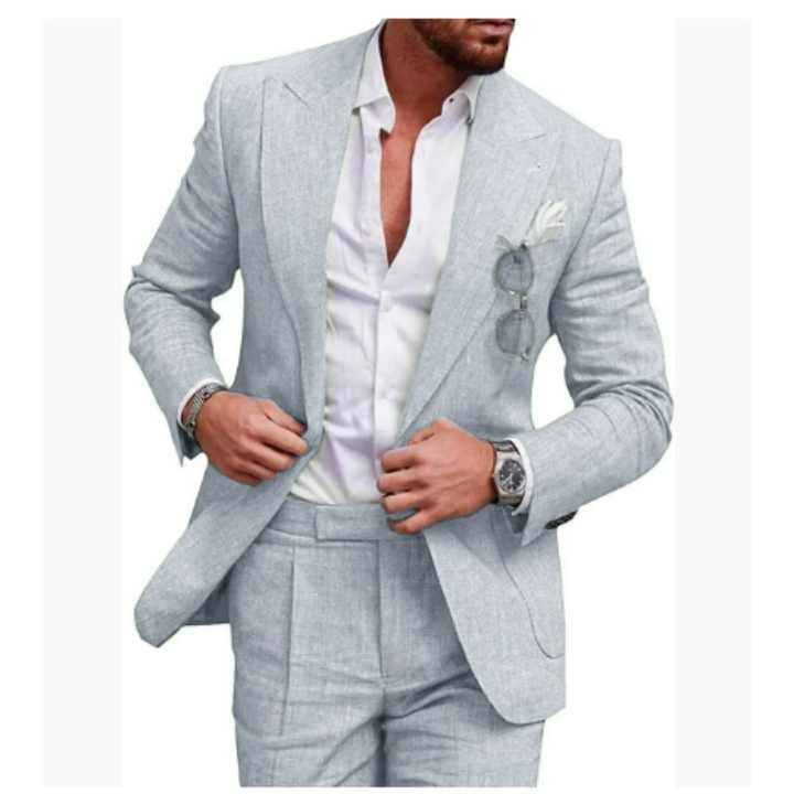 Elegant linnen herenkostuum, 2-delig, beige, ideaal voor bruiloften en zomerfeesten, modern en stijlvol gesneden.
