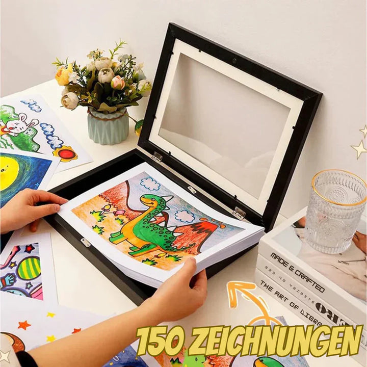 Elegante kinderfotolijst met ruimte voor 150 tekeningen, modern design, eenvoudig te verwisselen, perfect voor kunstwerken.