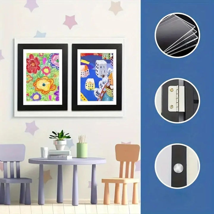 Elegante kinderfotolijst met ruimte voor 150 tekeningen, modern design, eenvoudig te verwisselen, perfect voor kunstwerken.