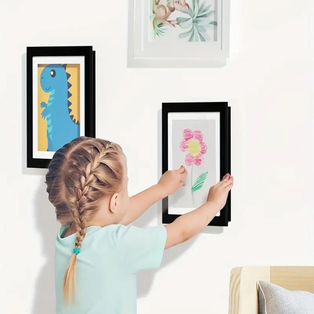 Elegante kinderfotolijst met ruimte voor 150 tekeningen, modern design, eenvoudig te verwisselen, perfect voor kunstwerken.