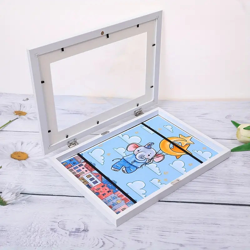 Elegante kinderfotolijst met ruimte voor 150 tekeningen, modern design, eenvoudig te verwisselen, perfect voor kunstwerken.
