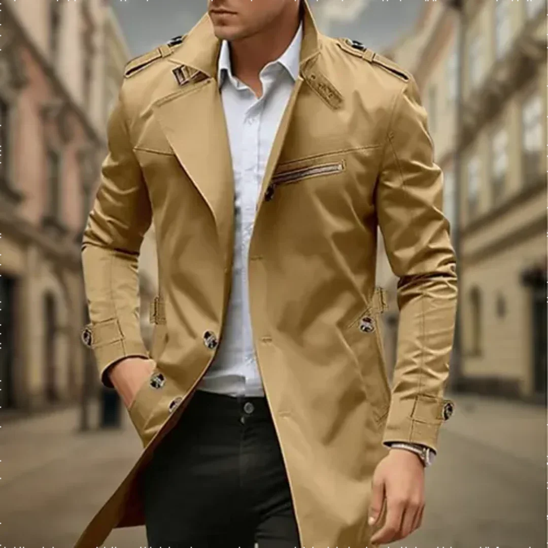 Stijlvolle waterdichte trenchcoat voor heren, dubbelrij, in beige, beschermt tegen regen en heeft een klassieke uitstraling.