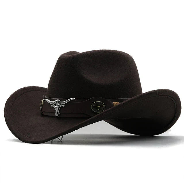 Elegante Western Vilten Hoed met Stiergesp in Zwart, robuust en stijlvol voor dames, een perfect accessoire.