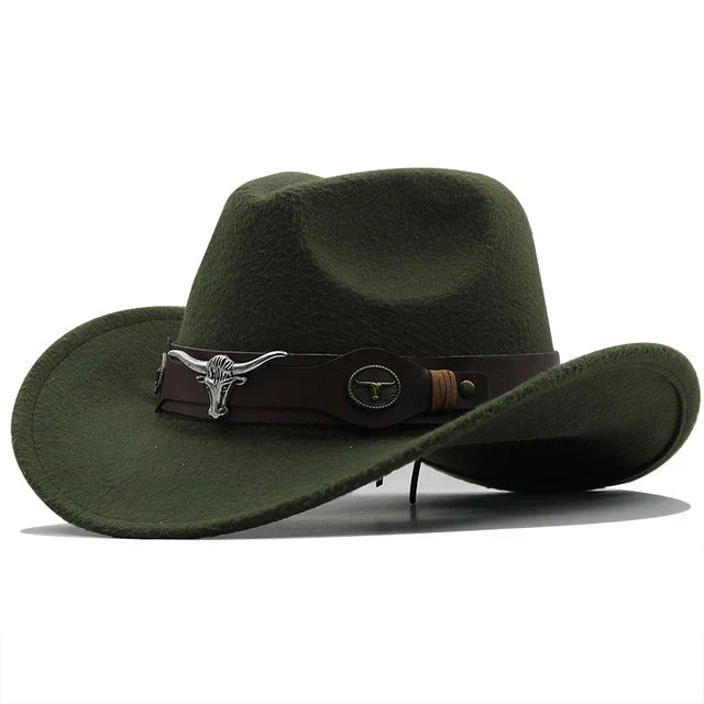 Elegante Western Vilten Hoed met Stiergesp in Zwart, robuust en stijlvol voor dames, een perfect accessoire.
