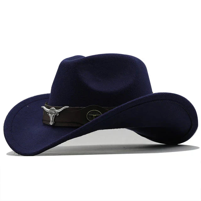 Elegante Western Vilten Hoed met Stiergesp in Zwart, robuust en stijlvol voor dames, een perfect accessoire.