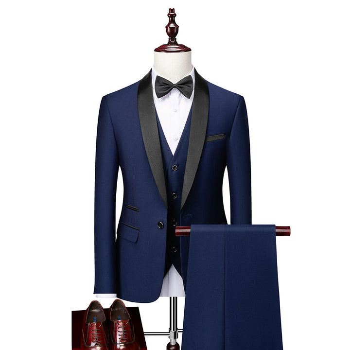 Elegant 3-delig slim fit herenkostuum set met blazer, gilet en broek voor formele gelegenheden, in klassiek donkerblauw.