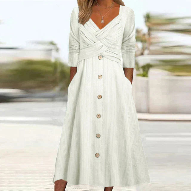 Elegant A-lijn zomerjurk met V-hals en lange mouwen, verkrijgbaar in grijs, groen, paars, wit voor dames.