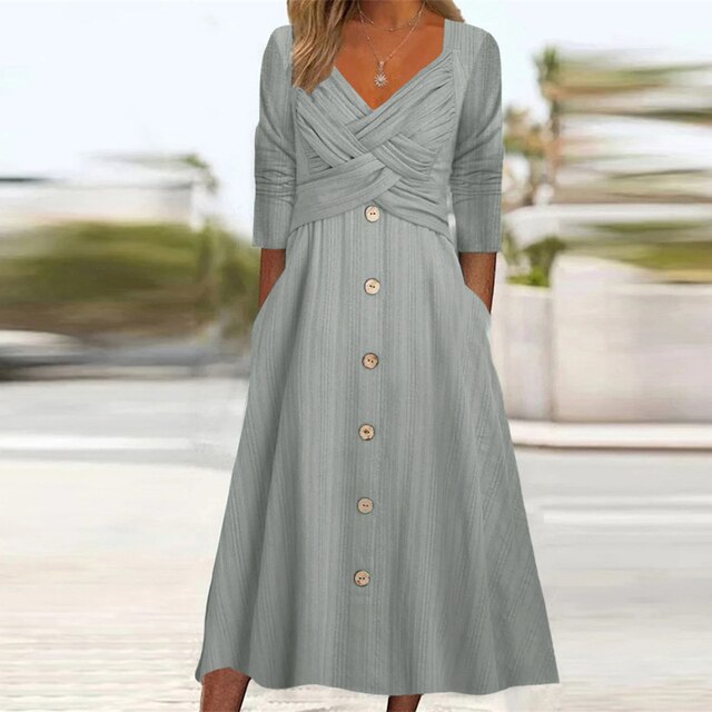 Elegant A-lijn zomerjurk met V-hals en lange mouwen, verkrijgbaar in grijs, groen, paars, wit voor dames.