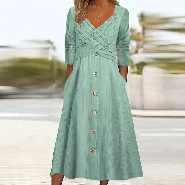 Elegant A-lijn zomerjurk met V-hals en lange mouwen, verkrijgbaar in grijs, groen, paars, wit voor dames.