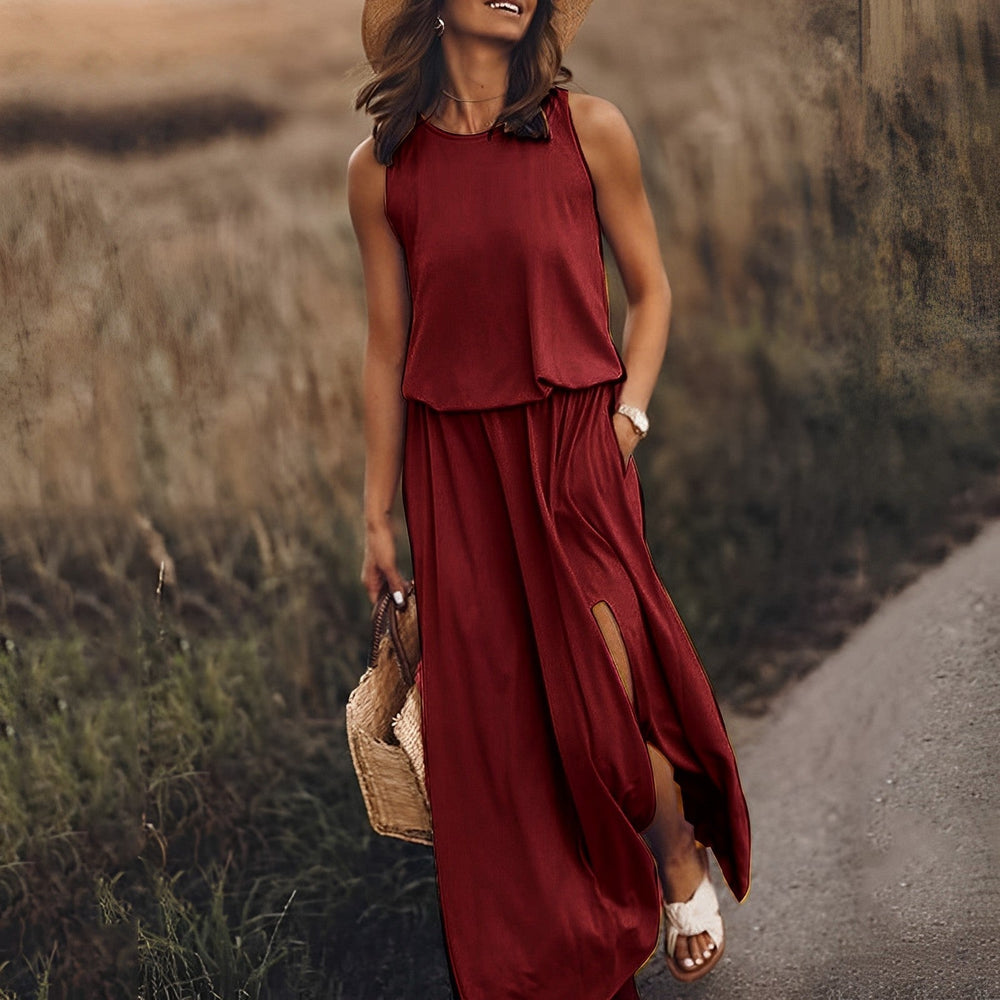 Elegante mouwloze maxi-jurk voor dames in stralend bordeaux, perfecte zomerlook met vloeiend silhouet.