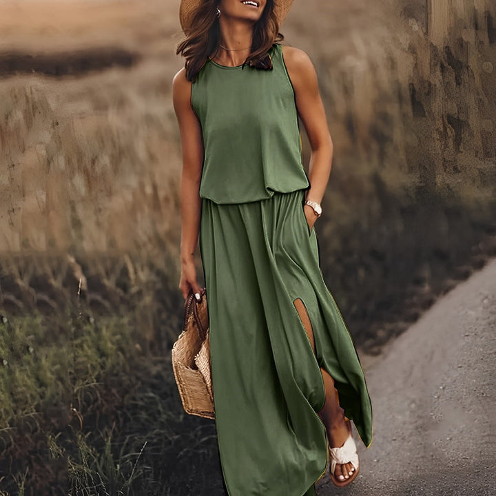 Elegante mouwloze maxi-jurk voor dames in stralend bordeaux, perfecte zomerlook met vloeiend silhouet.