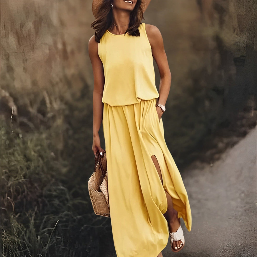 Elegante mouwloze maxi-jurk voor dames in stralend bordeaux, perfecte zomerlook met vloeiend silhouet.