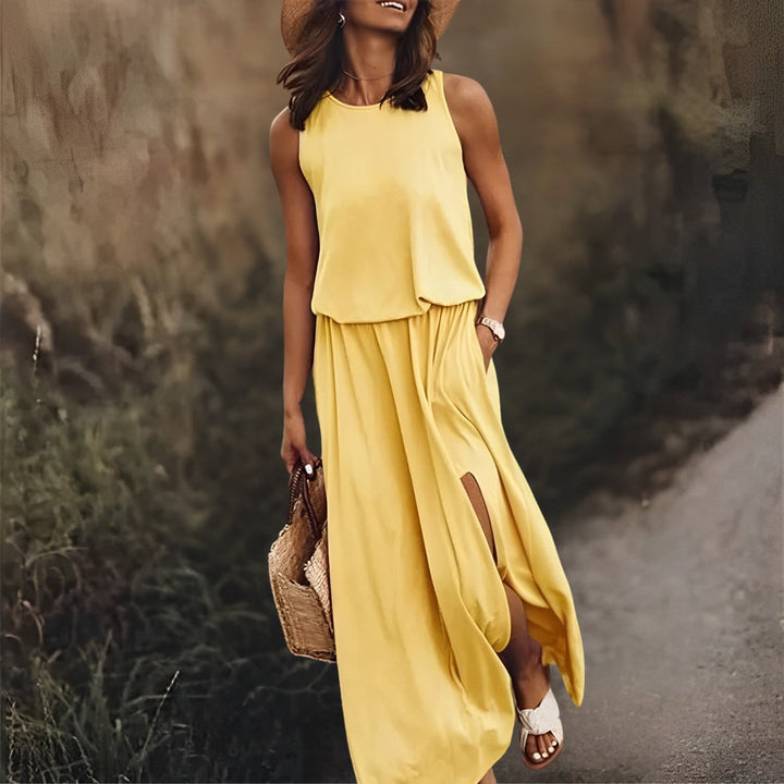 Elegante mouwloze maxi-jurk voor dames in stralend bordeaux, perfecte zomerlook met vloeiend silhouet.