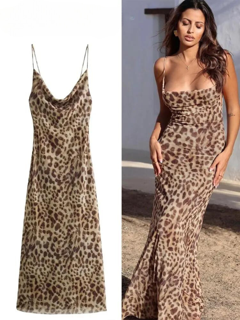 Diverse details van de elegante mouwloze damesjurk met luipaardprint voor de zomer.