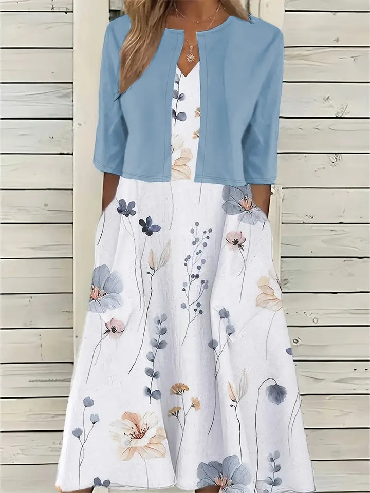 Elegant bloemen set voor dames: Bloemenjurk en effen crop top, tweedelige outfit, ideaal voor speciale gelegenheden.
