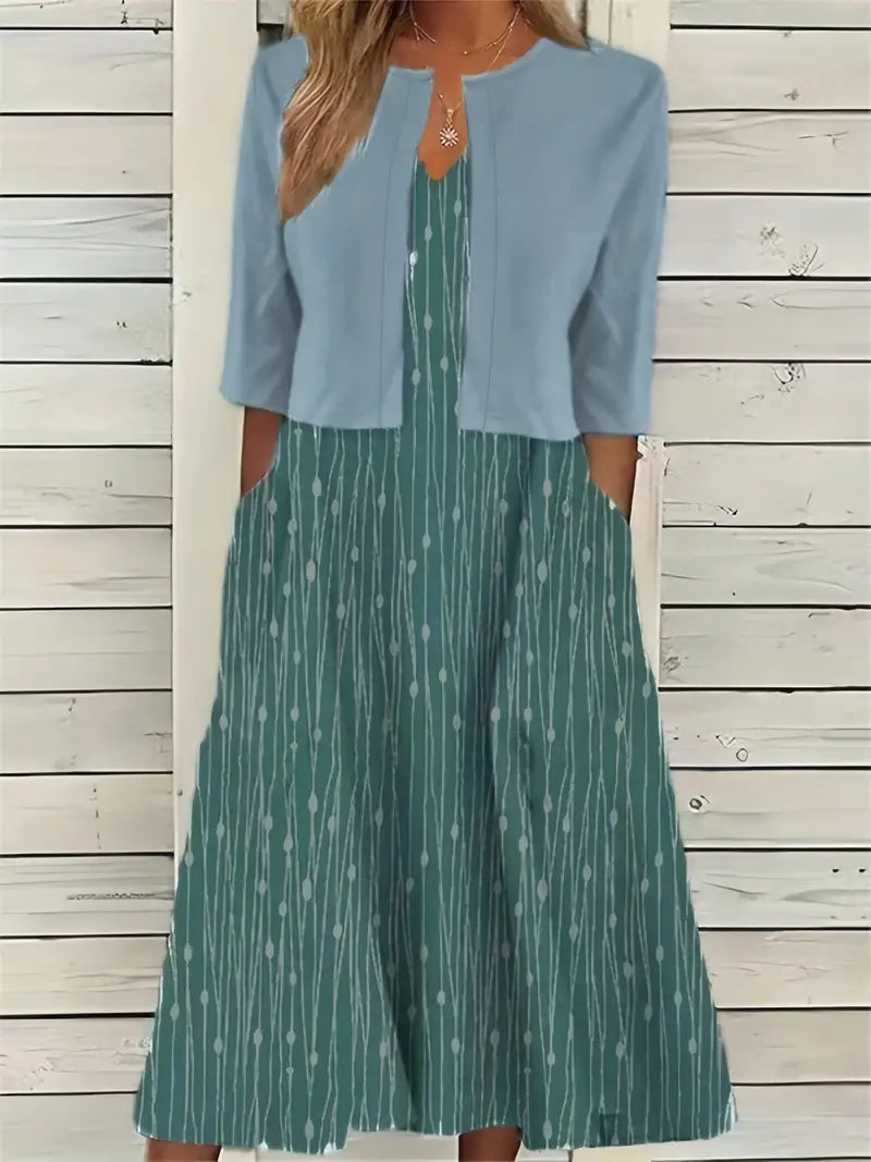 Elegant bloemen set voor dames: Bloemenjurk en effen crop top, tweedelige outfit, ideaal voor speciale gelegenheden.