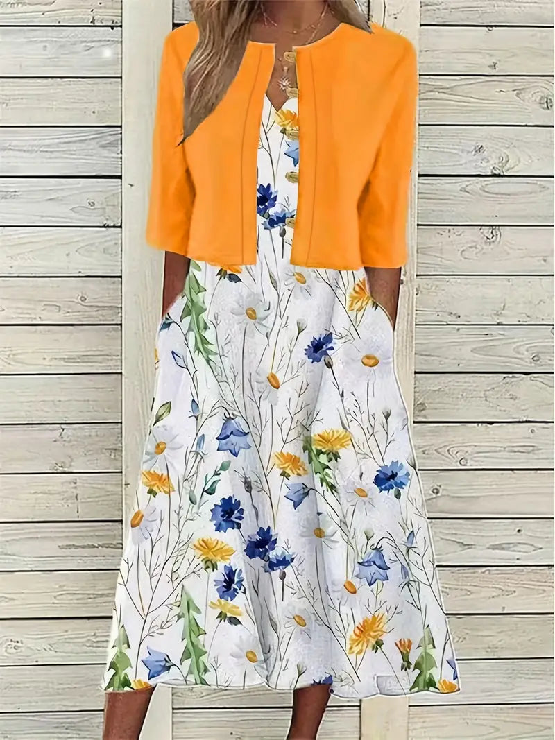 Elegant bloemen set voor dames: Bloemenjurk en effen crop top, tweedelige outfit, ideaal voor speciale gelegenheden.