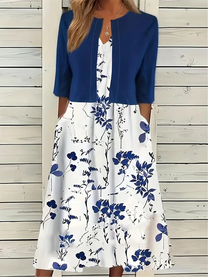 Elegant bloemen set voor dames: Bloemenjurk en effen crop top, tweedelige outfit, ideaal voor speciale gelegenheden.
