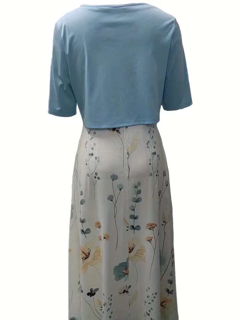 Elegant bloemen set voor dames: Bloemenjurk en effen crop top, tweedelige outfit, ideaal voor speciale gelegenheden.