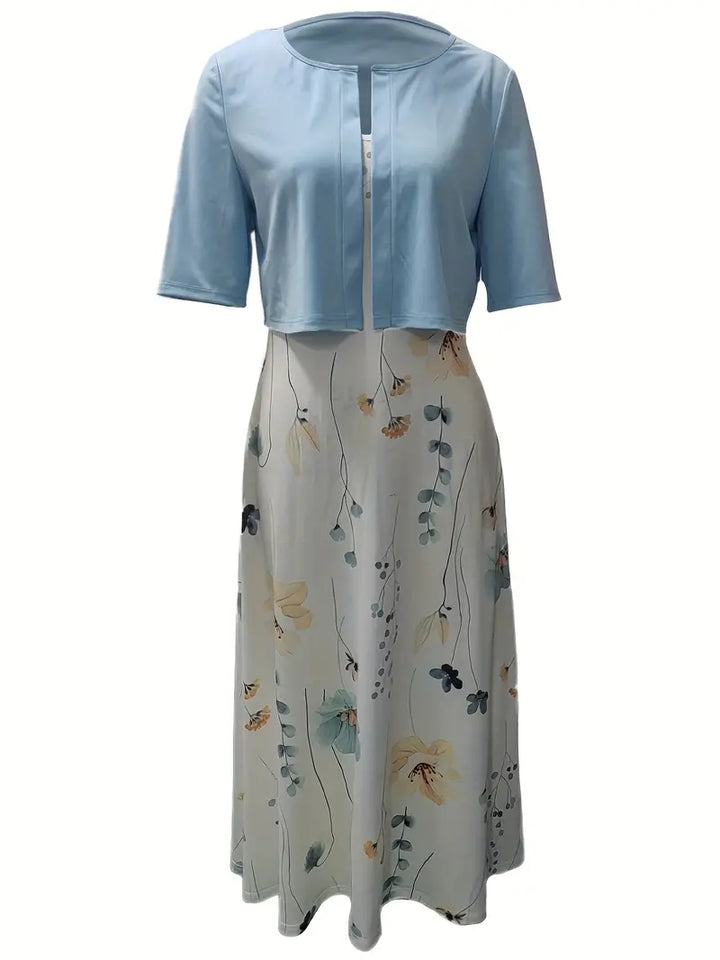 Elegant bloemen set voor dames: Bloemenjurk en effen crop top, tweedelige outfit, ideaal voor speciale gelegenheden.
