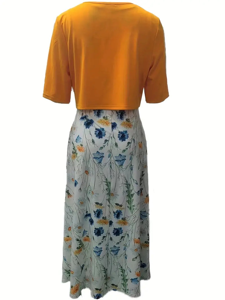 Elegant bloemen set voor dames: Bloemenjurk en effen crop top, tweedelige outfit, ideaal voor speciale gelegenheden.