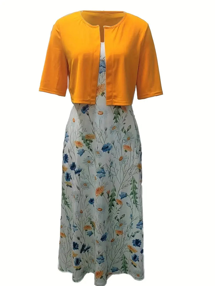 Elegant bloemen set voor dames: Bloemenjurk en effen crop top, tweedelige outfit, ideaal voor speciale gelegenheden.