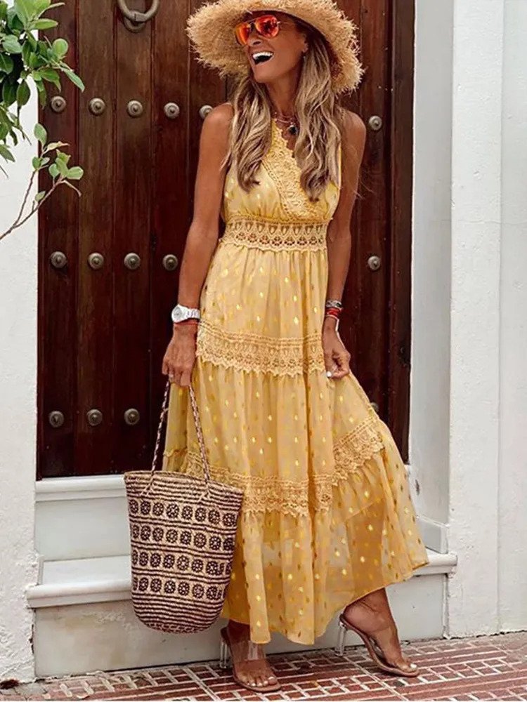 Elegante boho dames maxi jurk, vloeiend silhouet, veelzijdige kleuren, ideaal voor zomer en speciale gelegenheden.