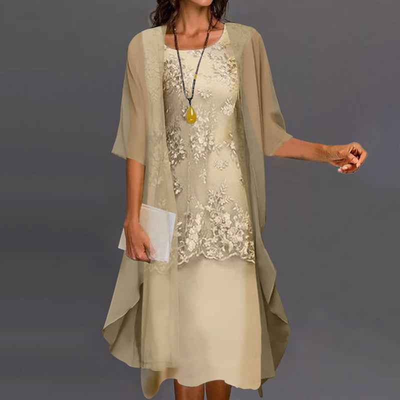 Elegant dames chiffonjurk, luxueus en veelzijdig, knielang, flatterend silhouet, ideaal voor formele gelegenheden.
