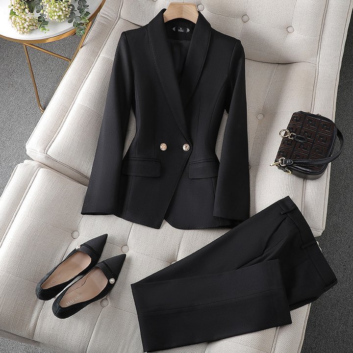 Elegant Dames Blazer & Broek Set in Zwart, Bourgondisch Rood of Goudoranje, met perfecte pasvorm en stijlvol design.