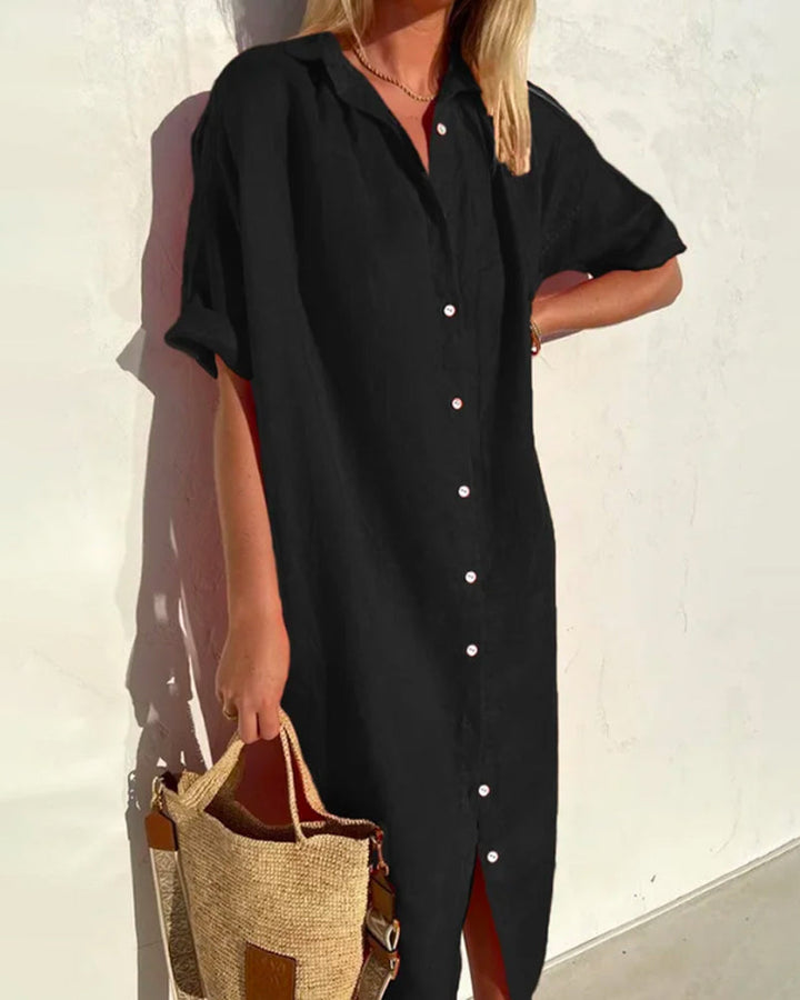 Elegante dames recreatiejurk, midi-lengte, casual design, katoenmix, flatterende halslijn, geschikt voor de zomer