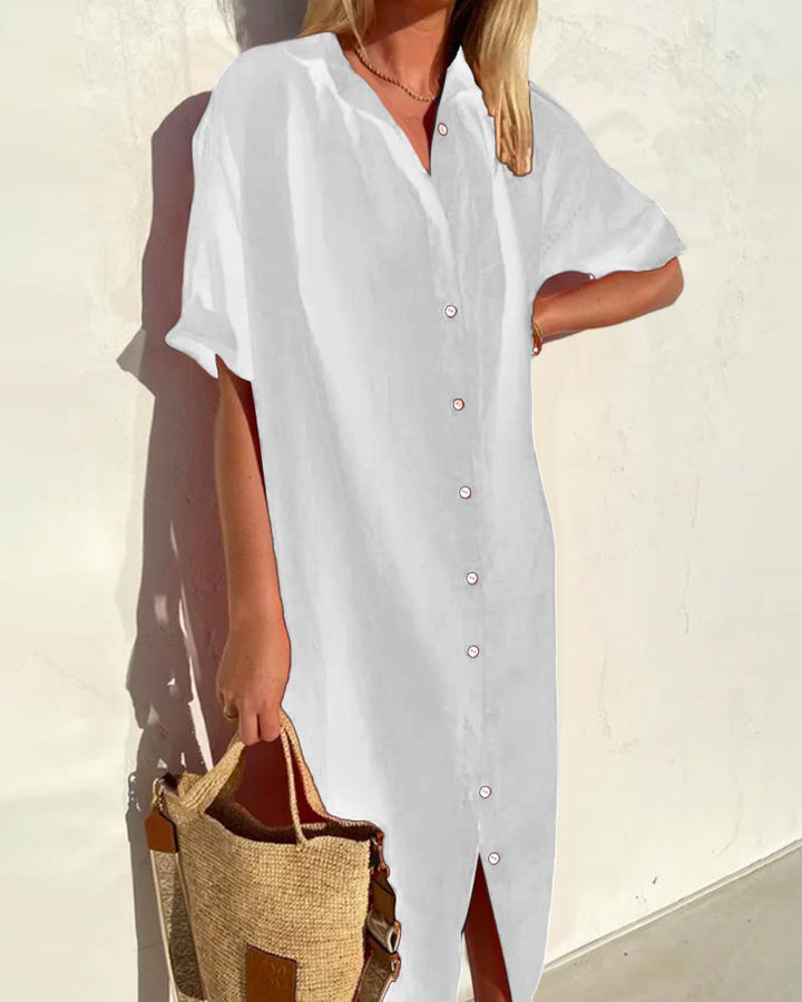 Elegante dames recreatiejurk, midi-lengte, casual design, katoenmix, flatterende halslijn, geschikt voor de zomer