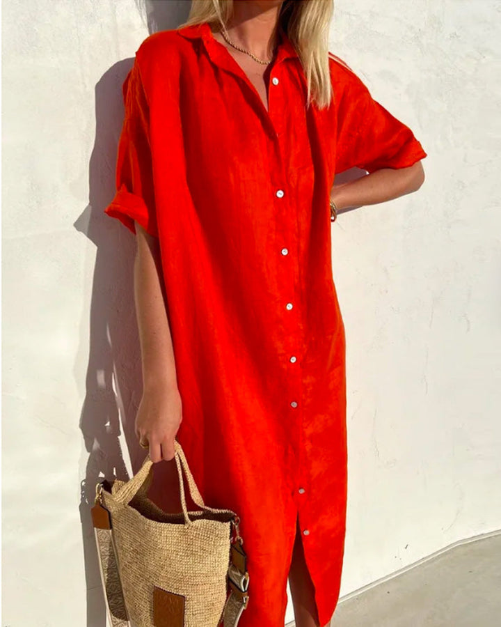 Elegante dames recreatiejurk, midi-lengte, casual design, katoenmix, flatterende halslijn, geschikt voor de zomer
