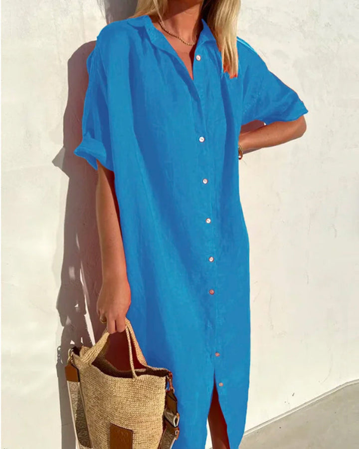 Elegante dames recreatiejurk, midi-lengte, casual design, katoenmix, flatterende halslijn, geschikt voor de zomer