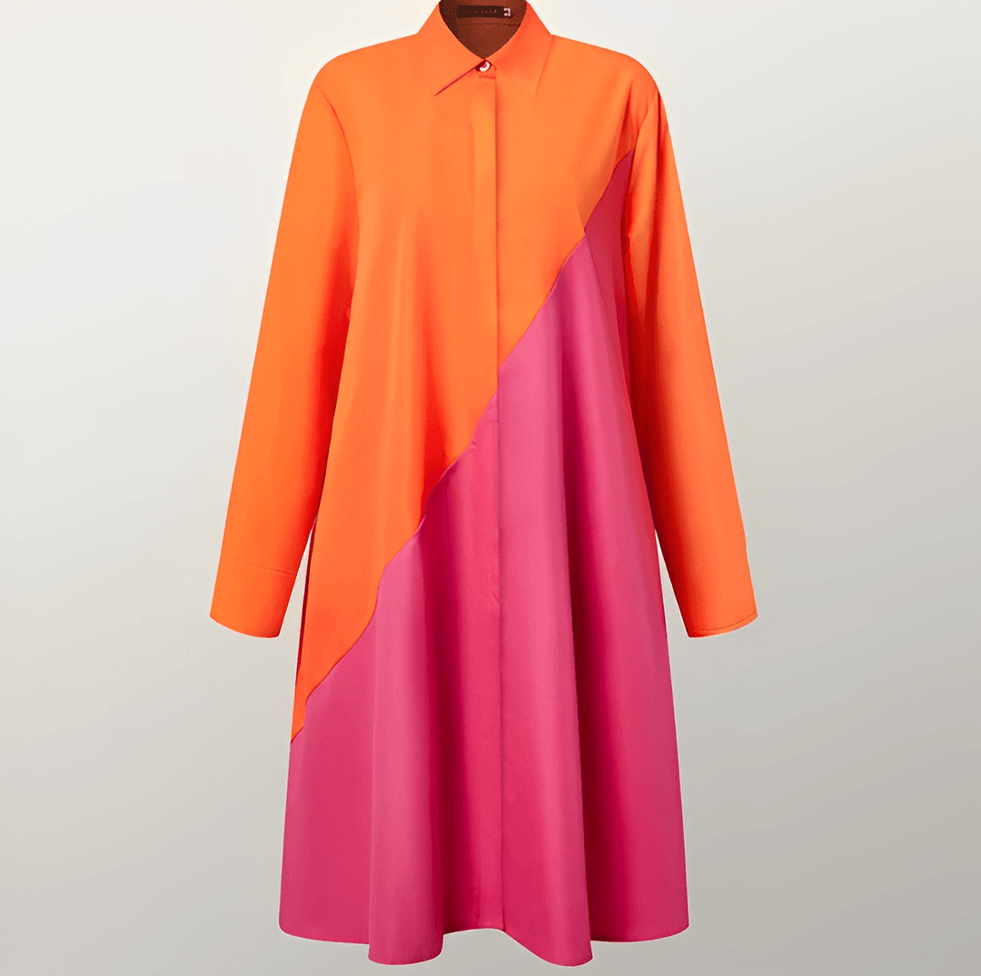 Dames blousejurk in verschillende kleuren, met opstaande kraag en driekwart mouwen.
