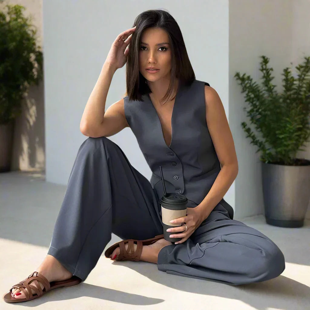 Elegant dames pantalonpak set met V-hals, wijde pijpen en vrouwelijke details, ideaal voor kantoor en feestelijke gelegenheden.