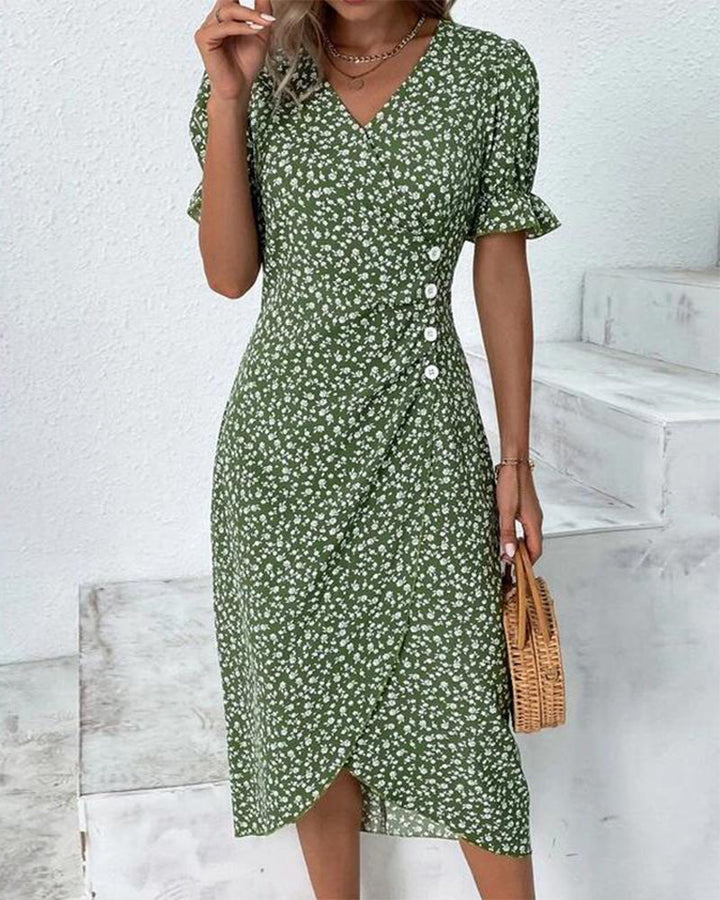 Zijzicht van de dames linnenmix jurk met bloemen, met aandacht voor de pasvorm en comfort.