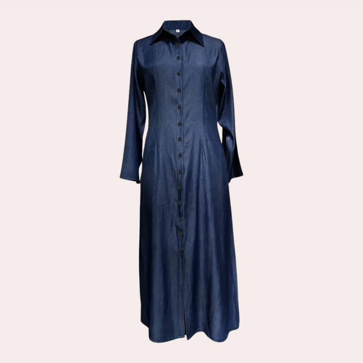Elegant dames maxi-overhemdjurk in donkergrijs, klassieke pasvorm, ideaal voor strand en avondevenementen.