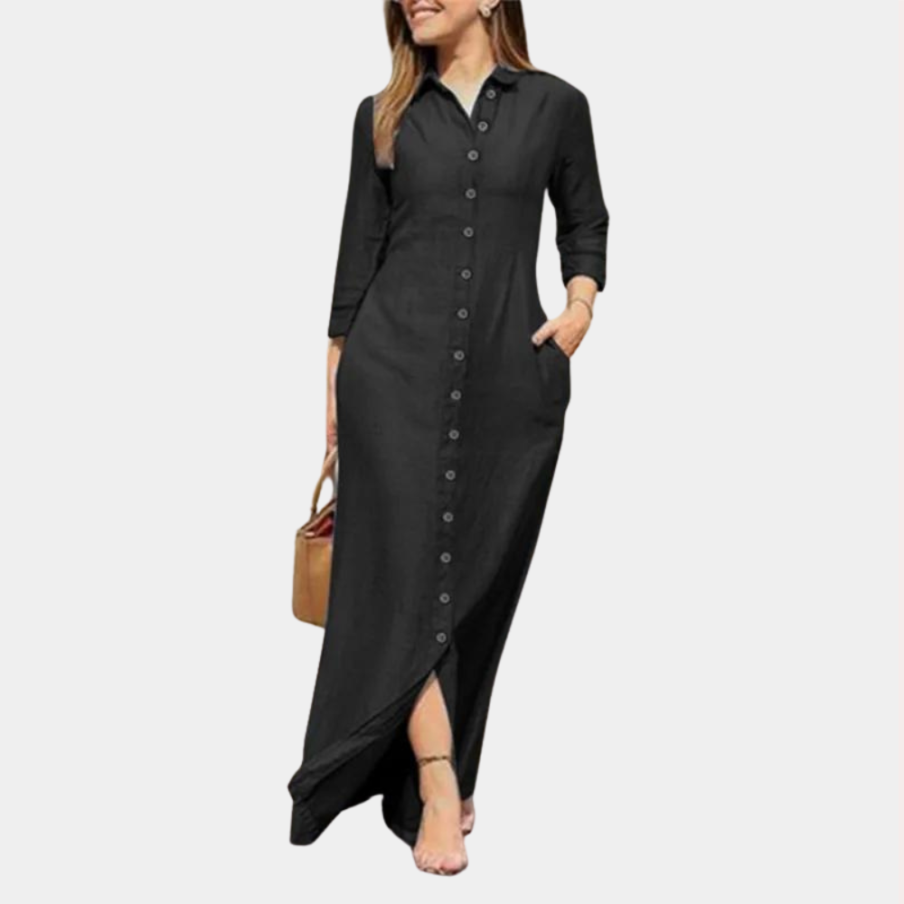 Elegant dames maxi-overhemdjurk in donkergrijs, klassieke pasvorm, ideaal voor strand en avondevenementen.
