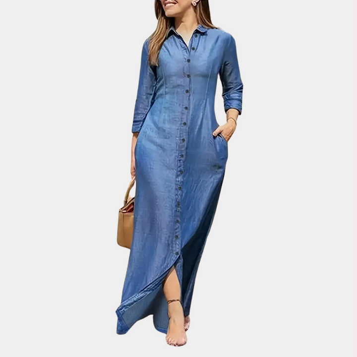 Elegant dames maxi-overhemdjurk in donkergrijs, klassieke pasvorm, ideaal voor strand en avondevenementen.