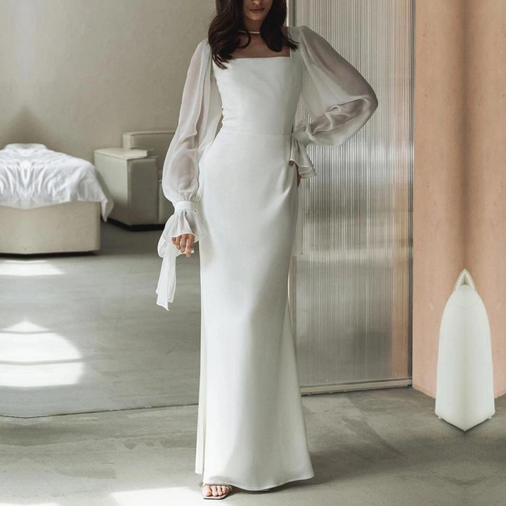 Elegante maxi-jurk voor dames met lange mouwen, vloerlang, getailleerd en met uitlopende mouwen, ideaal voor bruiloften.